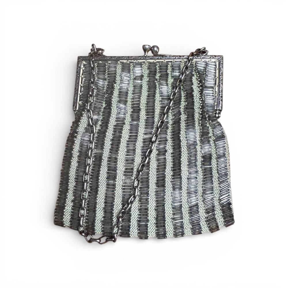 Vintage 1930s Art Deco Bugle Bead Evening Bag | Silver Tone Frame